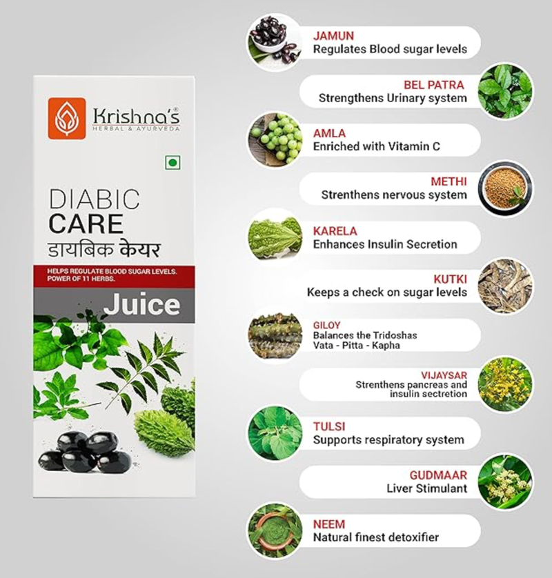 Krishna's Diabic Care Juice -1000 ml - Blend of 11 herbs Methi, Amla, Karela, Jamun, Kutki, Guduchi & 5 other herbs to manage sugar level